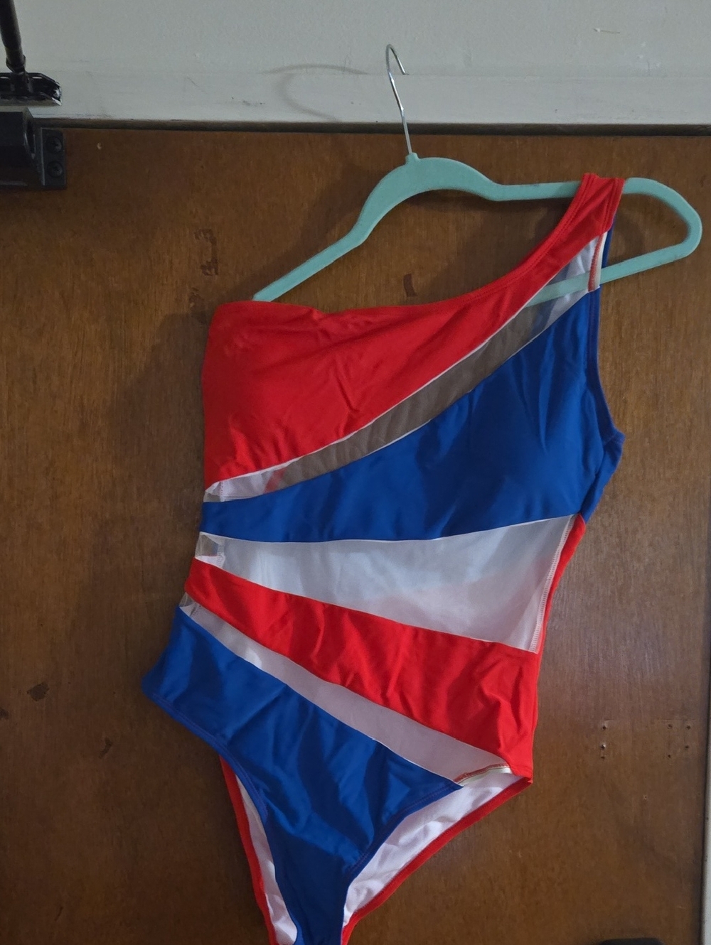 One-Shoulder Red, Royal Blue & White Colorblock Swimsuit